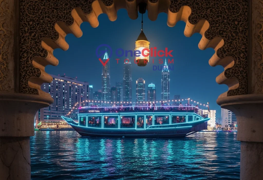 High-angle shot of a dhow cruise boat navigating the waters of the Dubai Creek canal during a night tour.
