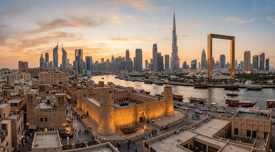 al-fahidi-fort-dubai-creek-sunset-panorama
