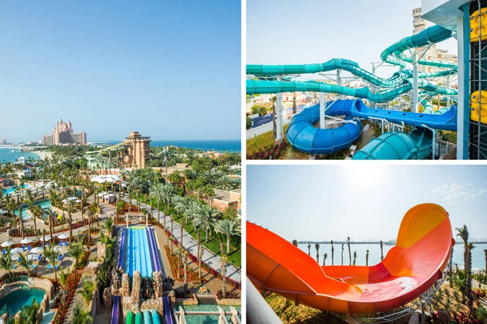 A collage of three images showcasing massive, colorful water slides and a tropical layout at Aquaventure Waterpark in Dubai.