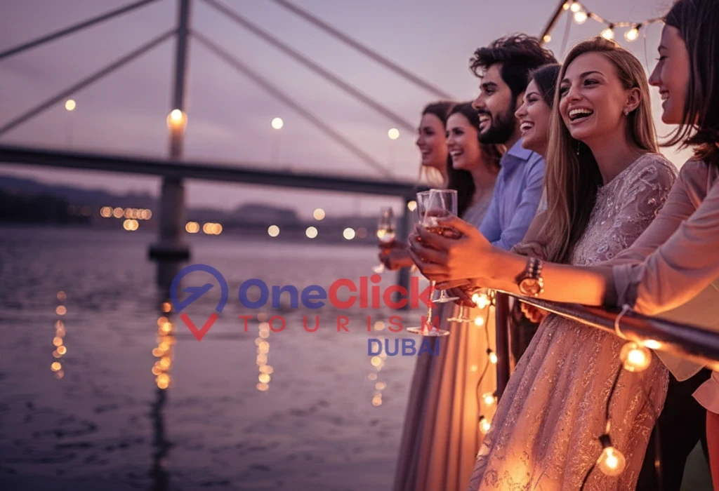 Guests gathering at the pier to board a traditional dhow cruise for an evening dinner tour in Dubai Creek.