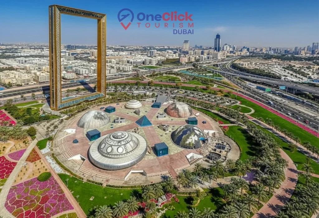Wide aerial shot of the Dubai Frame landmark with the city skyline in the background.