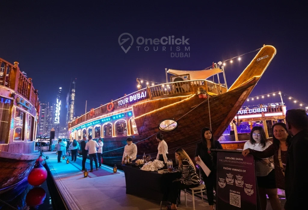 Tourists boarding a traditional dhow cruise boat at the Dubai Marina pier for a sunset dinner tour.