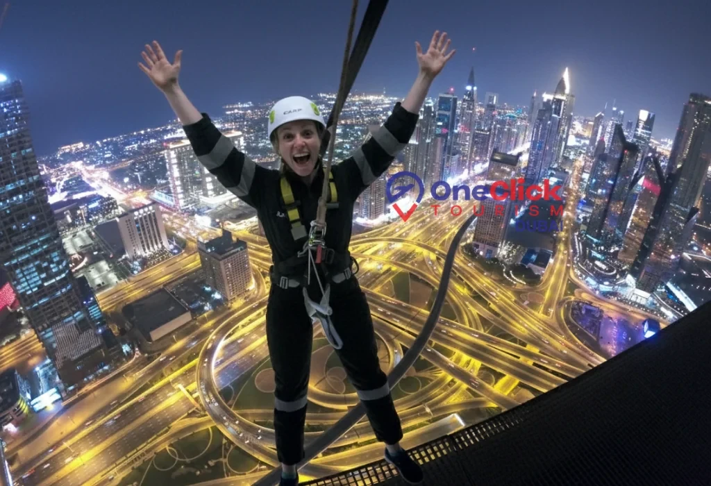 A woman leaning over the edge of a skyscraper with arms wide open during the Sky Walk Dubai experience at night.