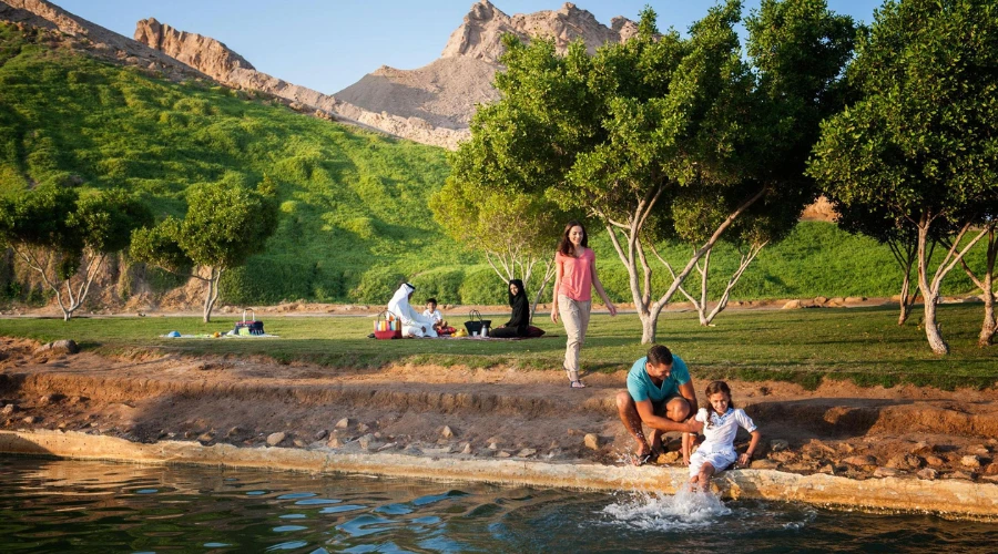 Families picnicking on green lawns beside the thermal lake at Green Mubazzarah Park below Jebel Hafeet