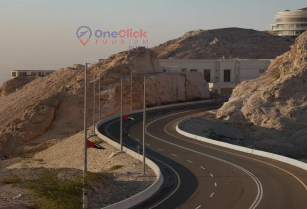 The famous winding road leading up Jebel Hafeet mountain, offering scenic desert views during an Al Ain tour.