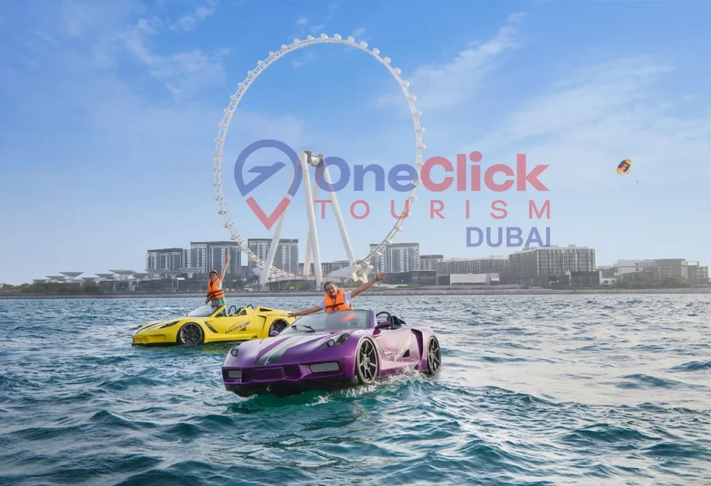 Exciting jet car activity dubai near Jumeirah Beach featuring colorful luxury jet cars for watersports.