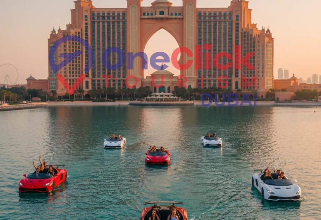 Luxury jet car dubai atlantis tour featuring multiple water jet car rentals near the iconic Palm Jumeirah.