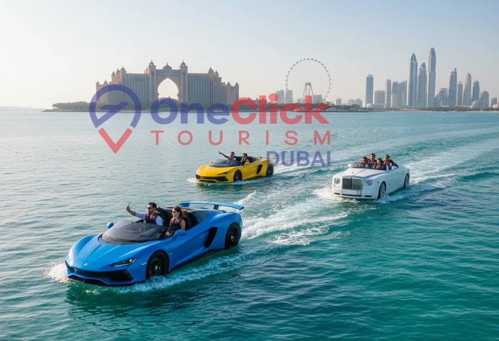 Rent a jet car dubai for a scenic boat ride offer with views of Dubai Marina and Ain Dubai.