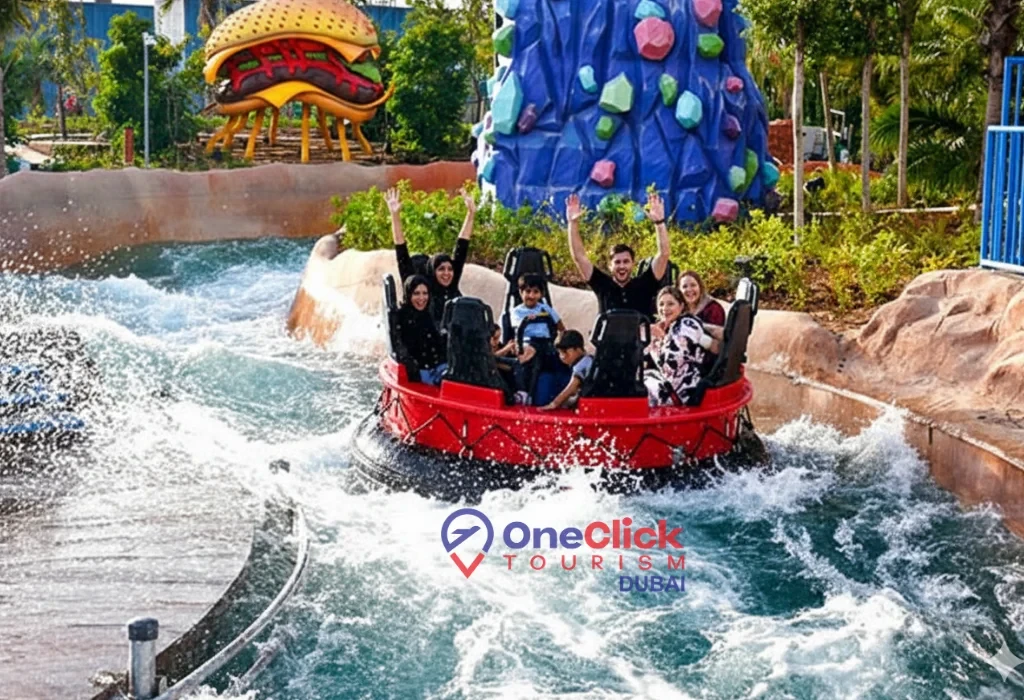 Happy families on the Cloudy with a Chance of Meatballs River Expedition water ride at Motiongate Dubai attractions.