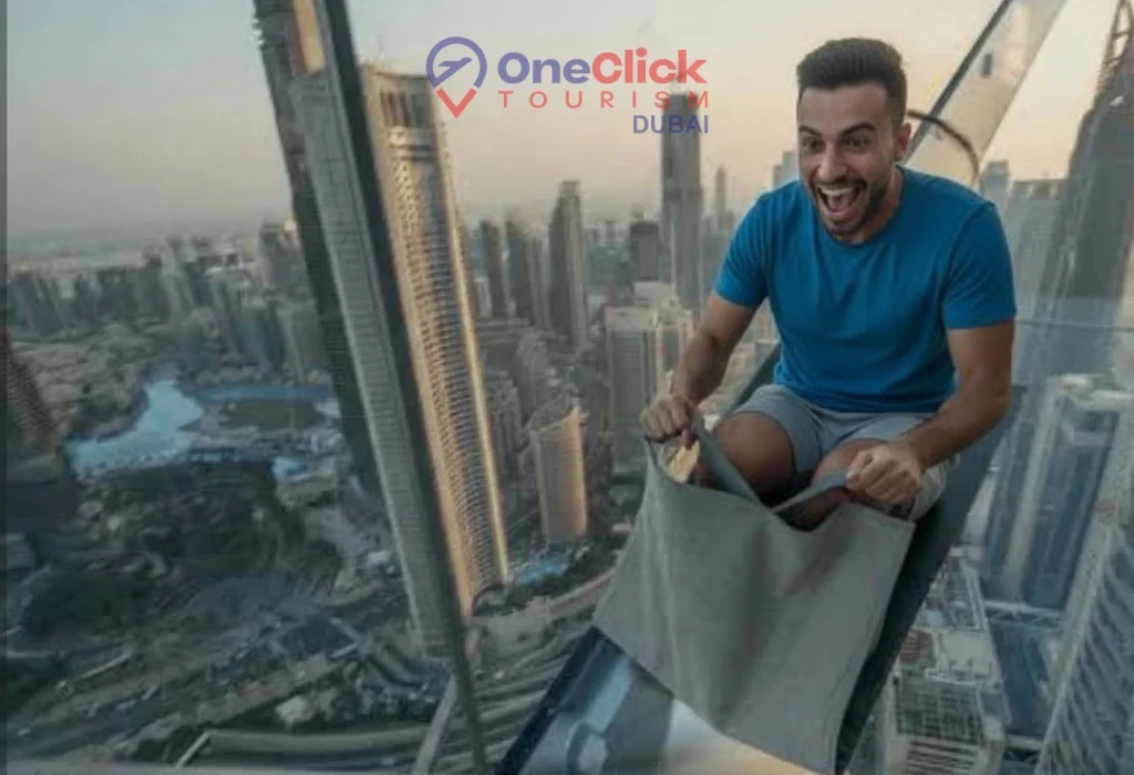 A man screaming with excitement while sliding down the outdoor glass slide at Sky View Observatory Dubai with city skyscrapers in the background.