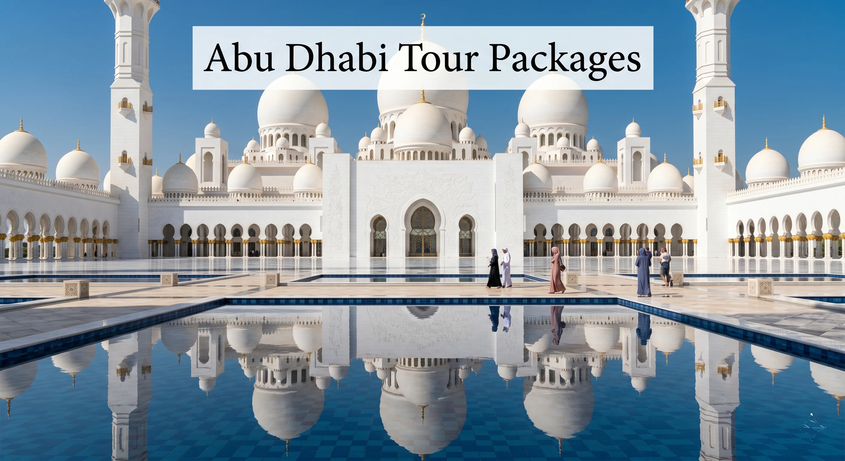 The majestic Sheikh Zayed Grand Mosque in Abu Dhabi featuring white marble domes reflected in blue water pools under a clear sky