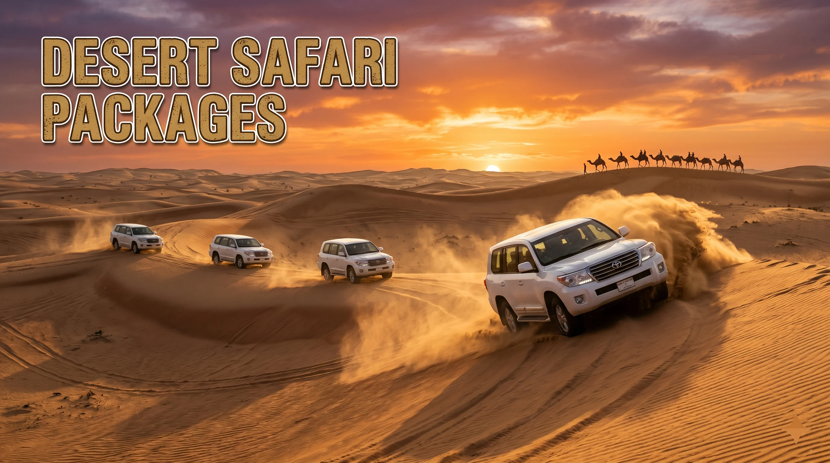 A convoy of 4x4 luxury SUVs dune bashing in the golden Dubai desert during sunset with camels silhouetted in the background.