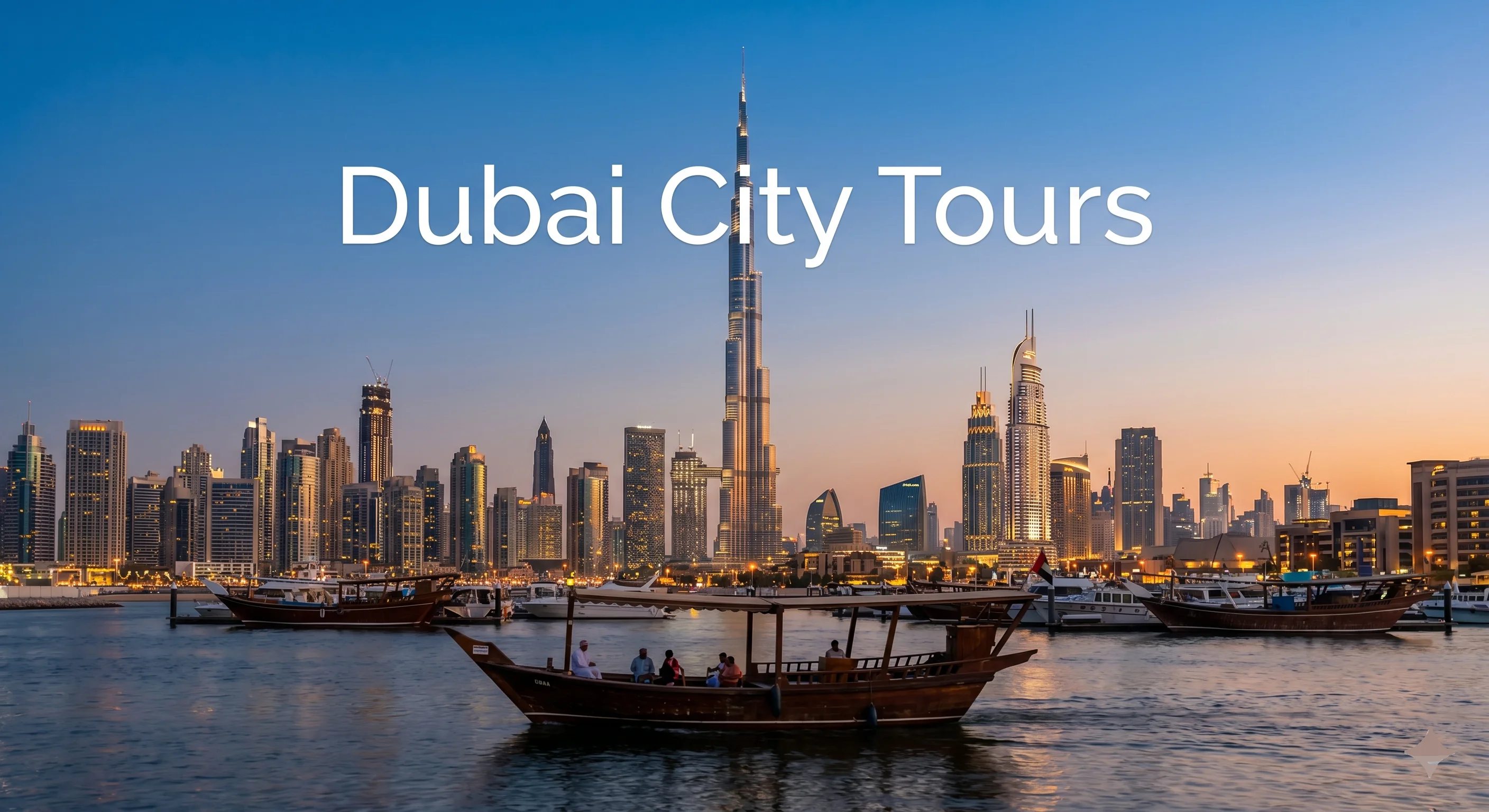 A panoramic view of the Dubai skyline at dusk featuring the Burj Khalifa and a traditional wooden abra boat on the Dubai Creek.