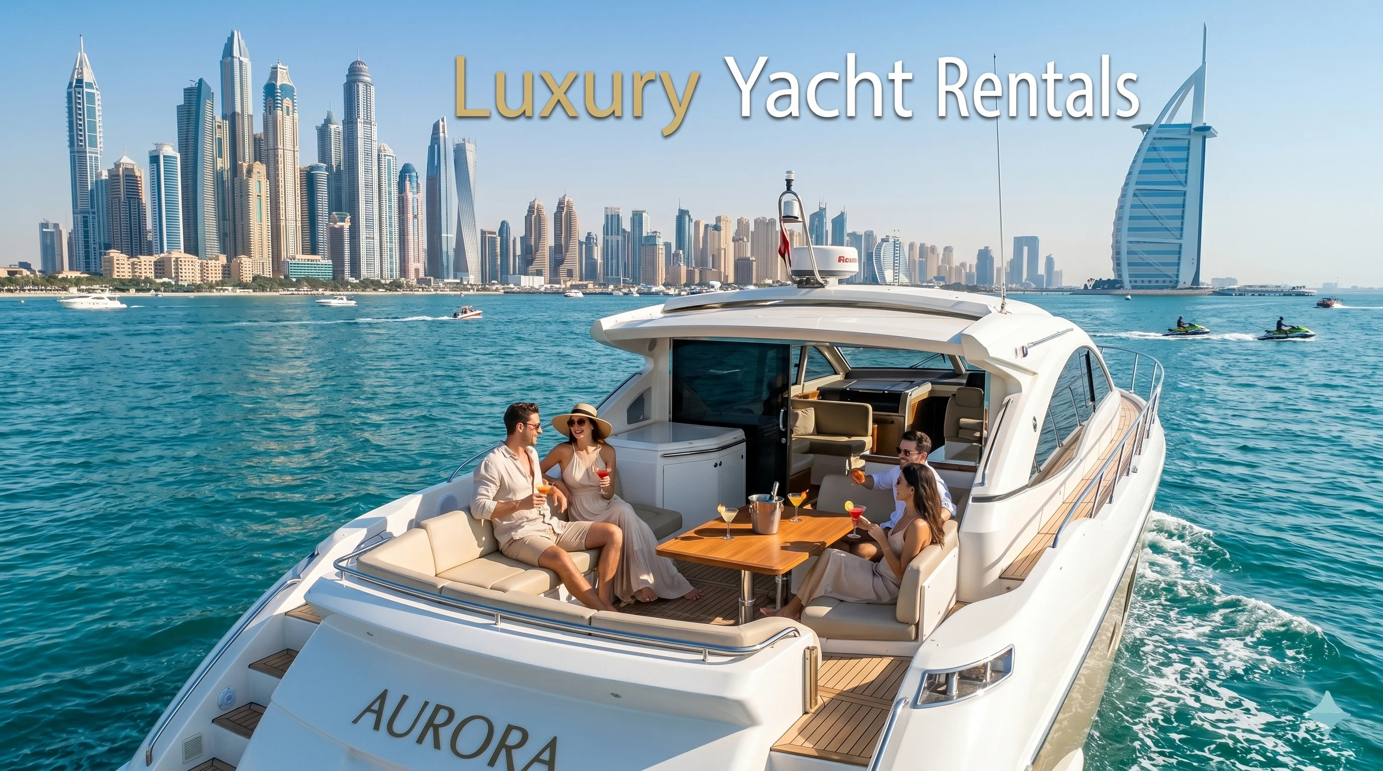A luxury private yacht cruising on turquoise water with tourists relaxing on deck against the Dubai Marina skyline and Burj Al Arab.